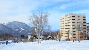 Un hotel con vista a montañas nevadas y un cielo despejado.