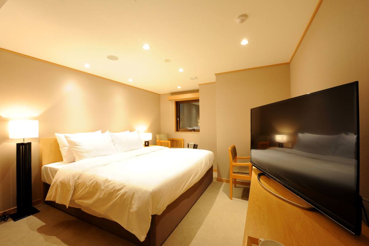 Habitación de hotel con una cama grande, televisión de pantalla plana, escritorio y una silla.