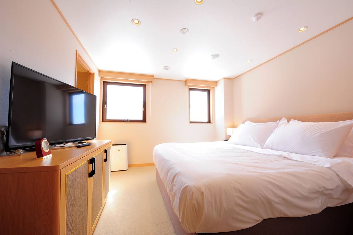 Una habitación de hotel con una cama, un televisor sobre un mueble de madera y dos ventanas.