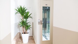Un pasillo con una planta en maceta, una puerta de ascensor de vidrio y suelo de madera.