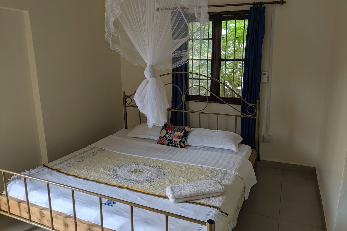 A single bed with a mosquito net, a window with blue curtains, and a wall-mounted electrical outlet.