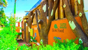 Un bâtiment à l’aspect rustique, dont la façade évoque un arbre, et sur lequel on peut lire l’inscription « Terra Madre, Slow Food ».