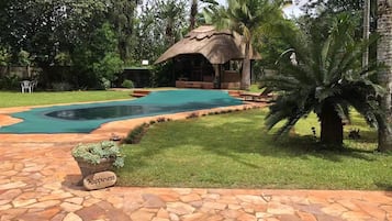 Piscine extérieure, parasols de plage, chaises longues