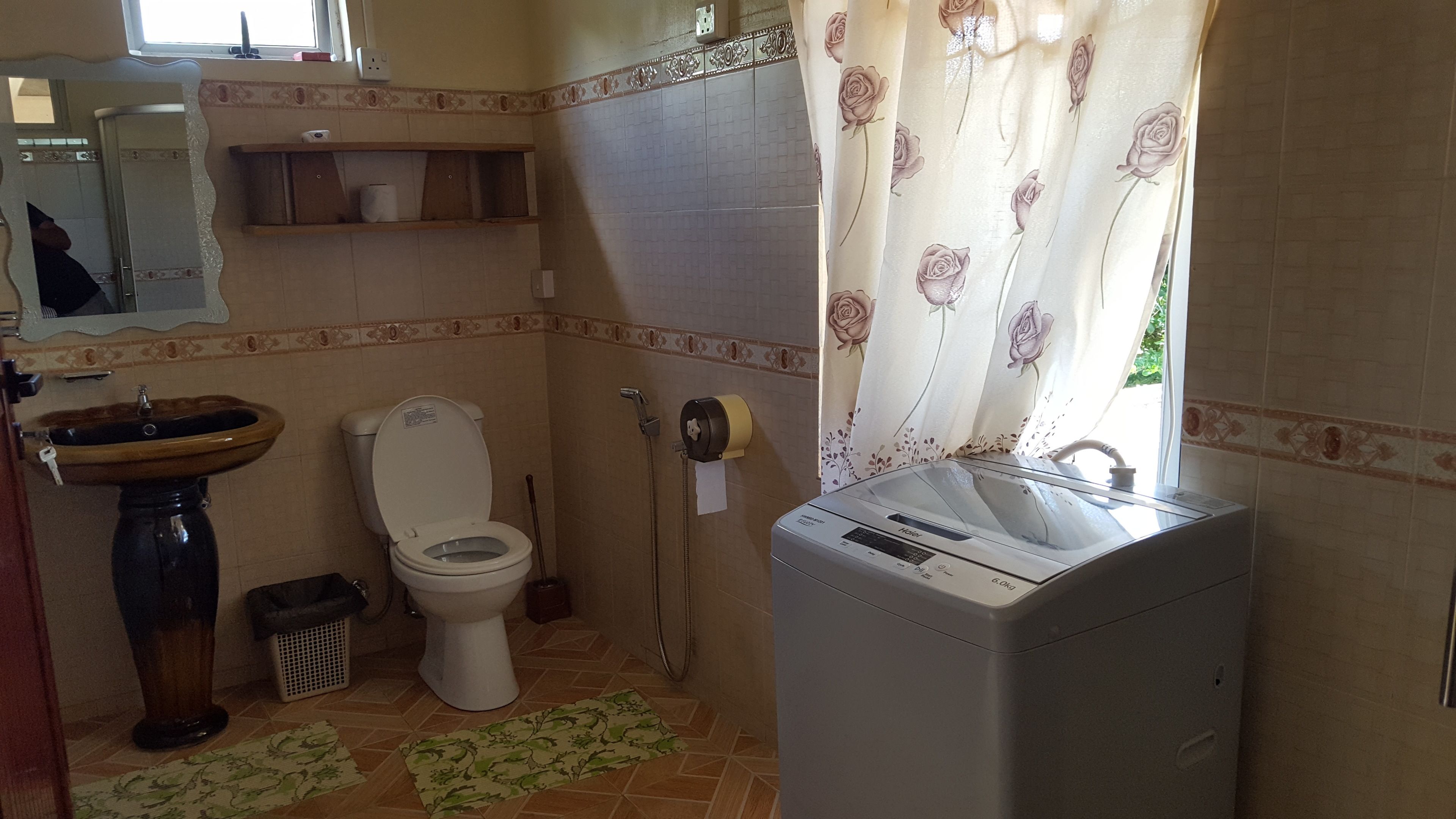 Une petite salle de bain comprenant des toilettes, un lavabo et un lave-linge.