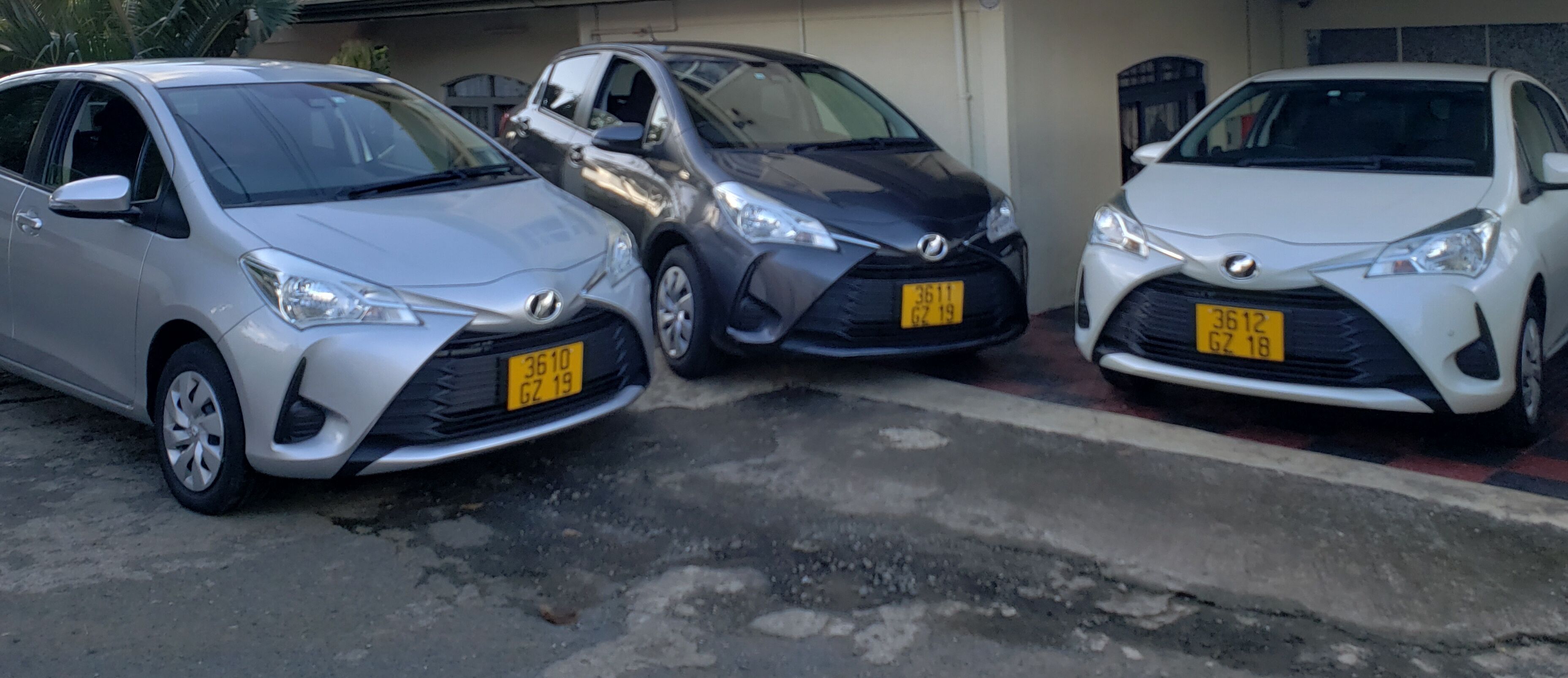 Tres coches estacionados en fila, cada uno con una matrícula visible.