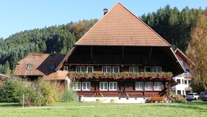 A traditional chalet with a steeply pitched roof, wooden exterior, and a balcony with flower boxes. - Rommelehof (Gutach)