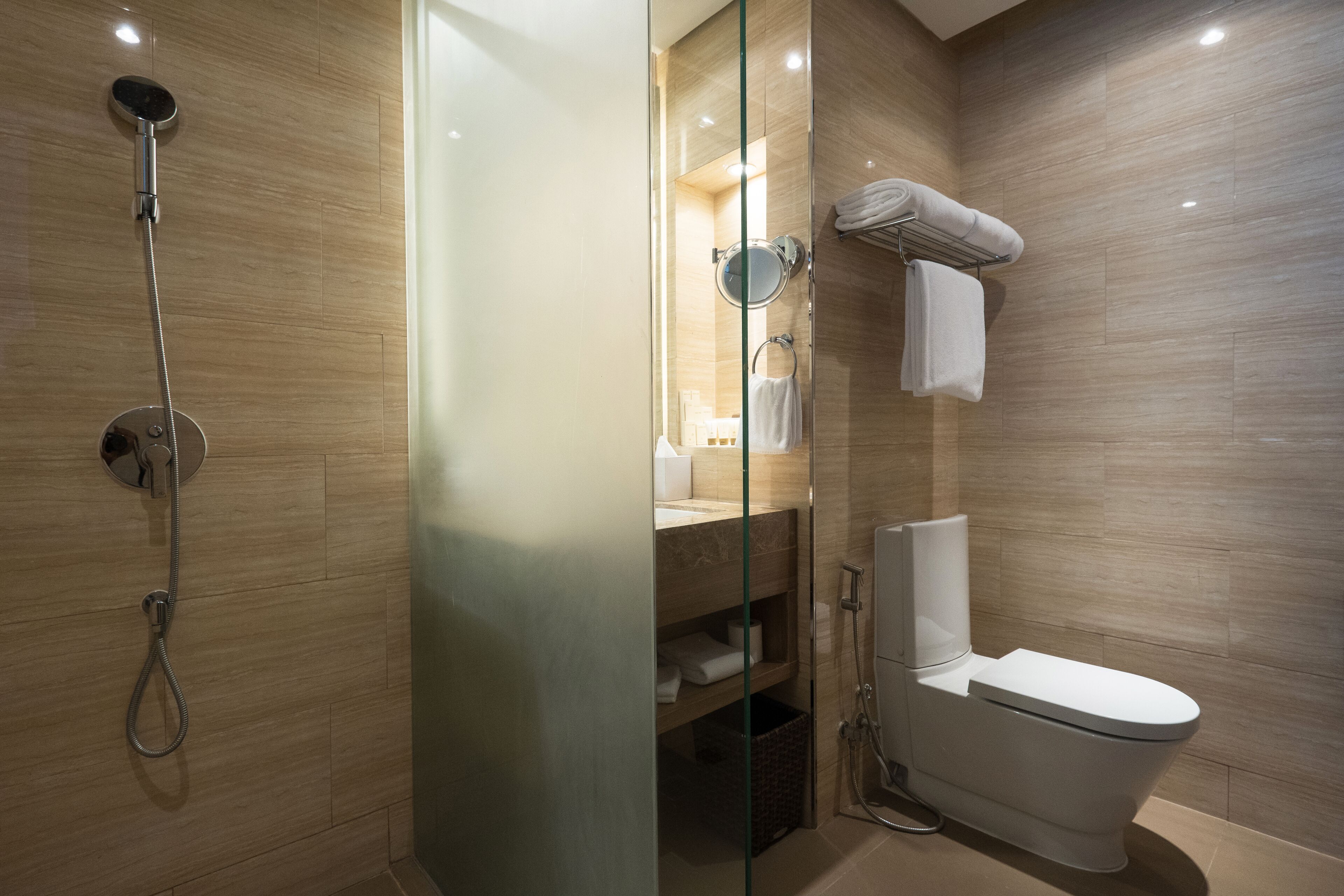 A modern bathroom with a glass-enclosed shower, a toilet, and a glass partition.