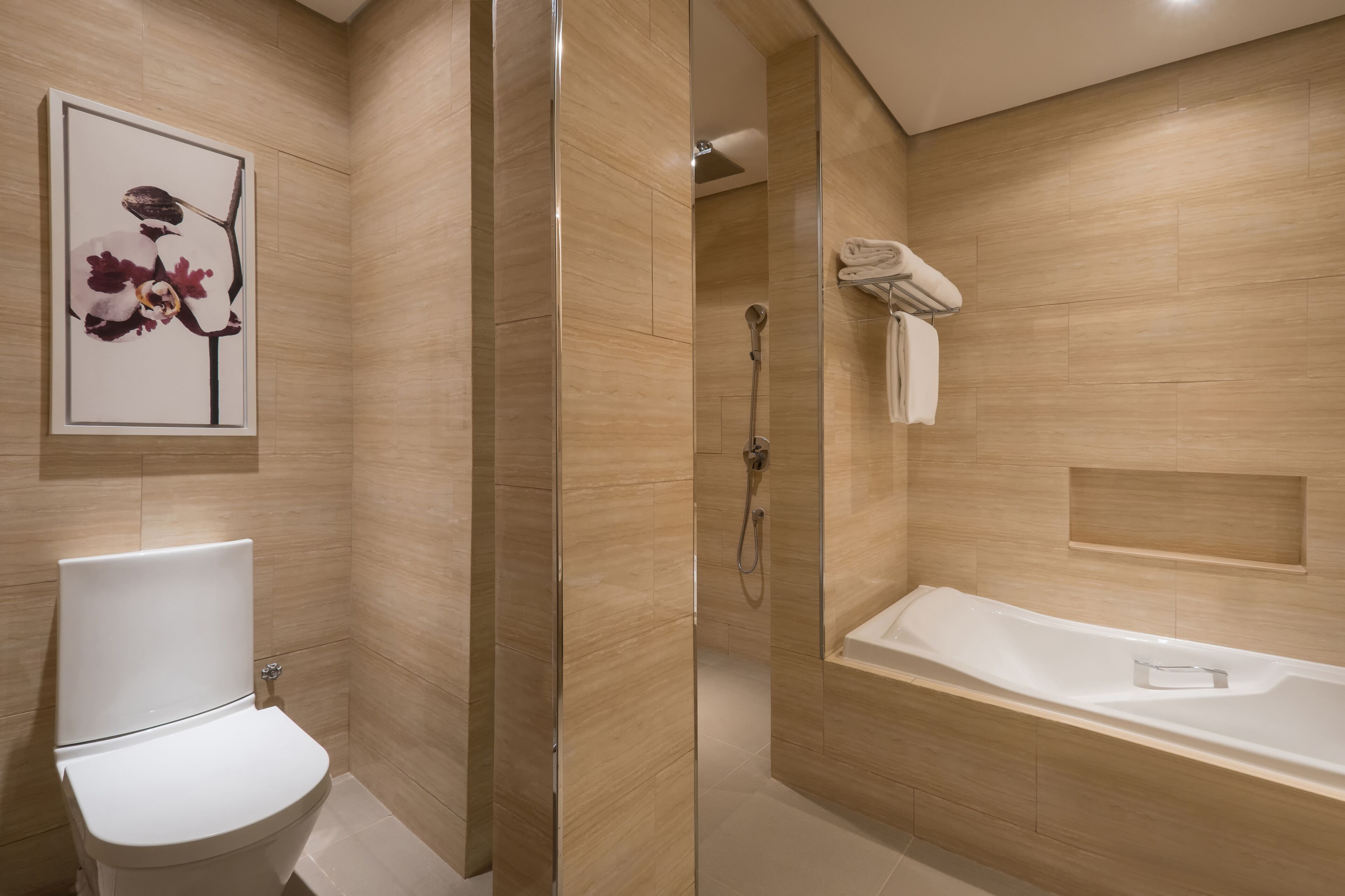 rainfall showerhead, free toiletries, hair dryer, bathrobes