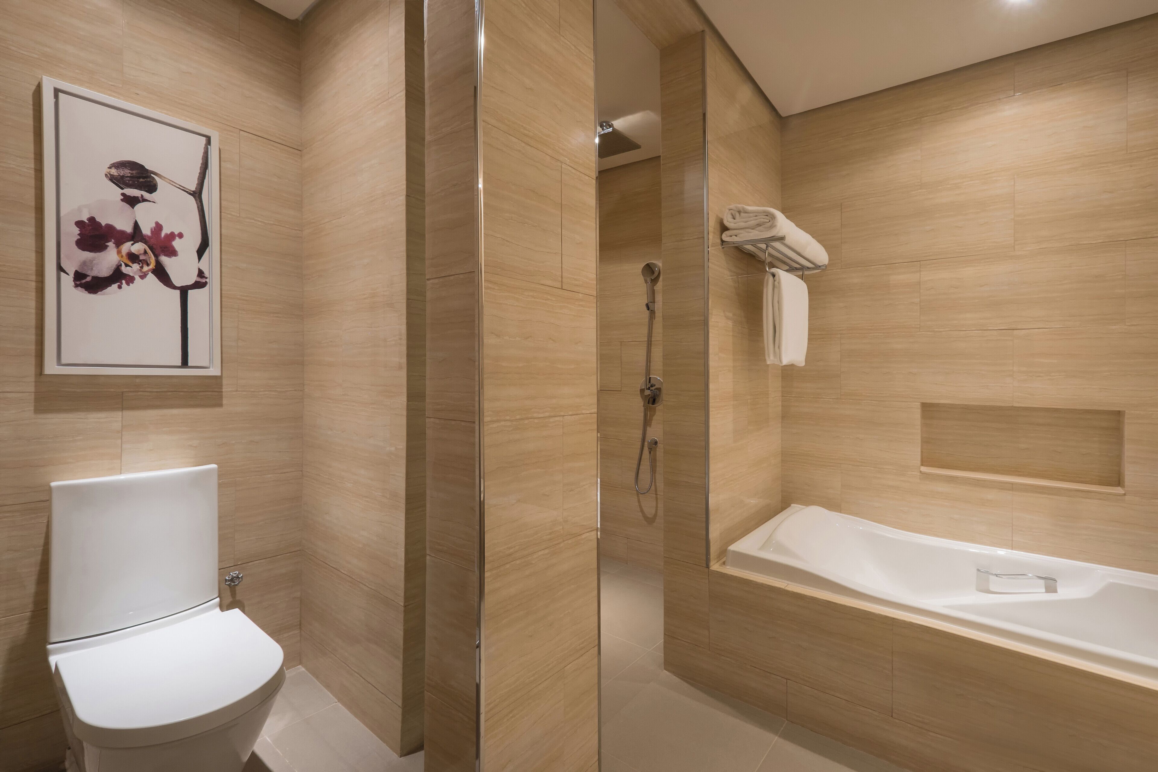 Een moderne badkamer met een toilet, een douche en een bad.