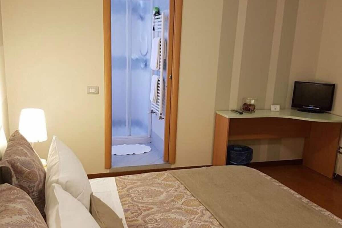 A hotel room with a bed, a desk, a television, and a view of the outside.