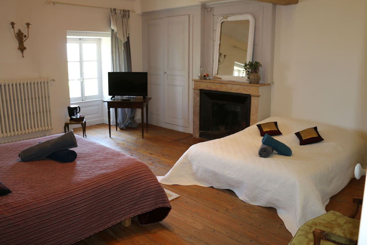 A room with two beds, a fireplace, a television, and a window with curtains.