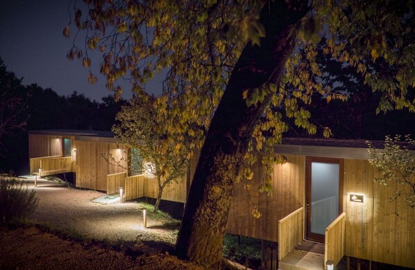 A wooden cabin-style building with a staircase leading to a door, surrounded by trees and illuminated by exterior lighting. - Aloia Nature Alojamiento Forestal (Tui)