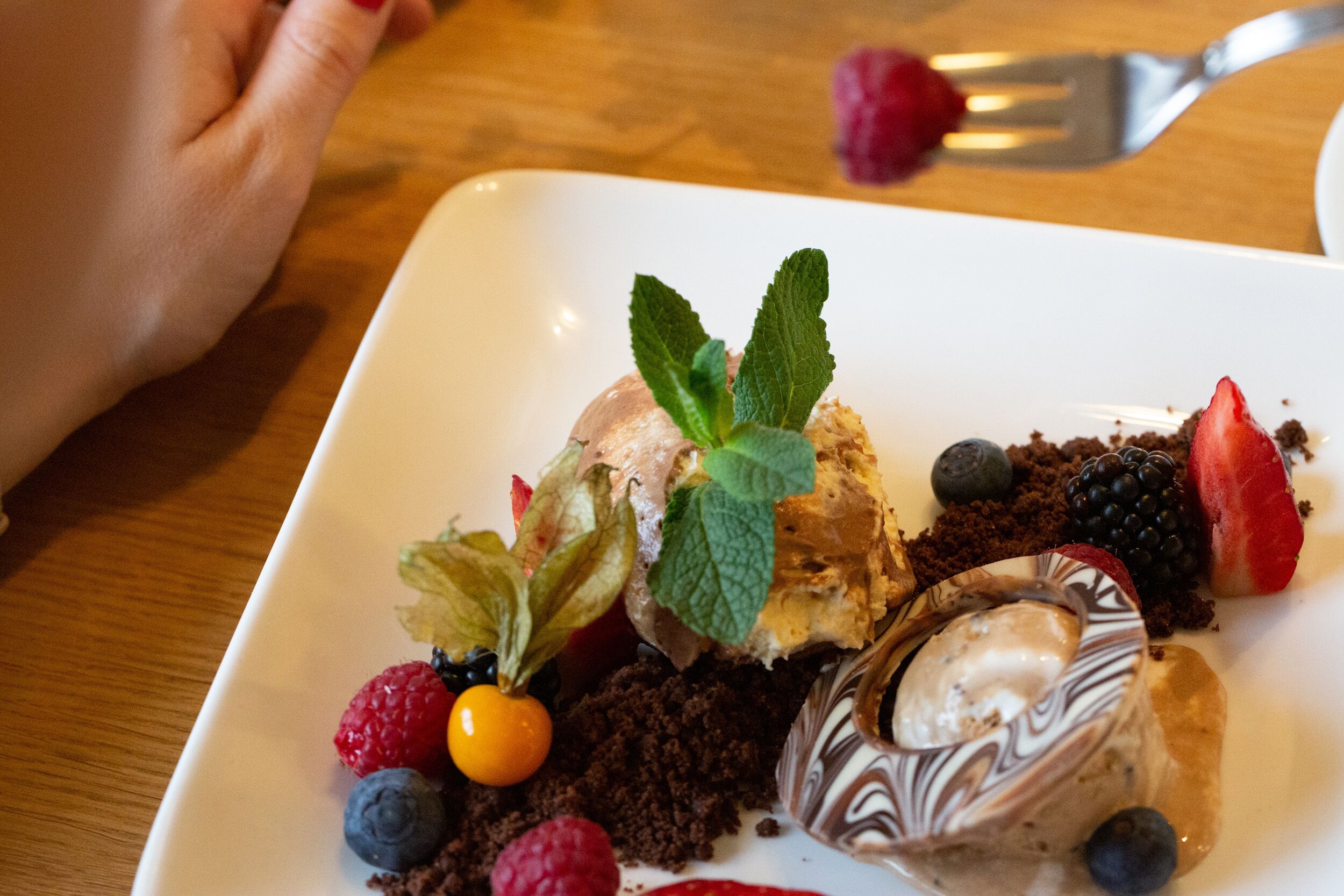 Un plato de postre con varias frutas y una hoja de menta.
