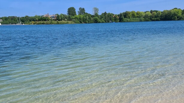 Una vista clara d'una platja amb aigua tranquil·la, sorra daurada i una riba llunyana amb edificis i arbres.
