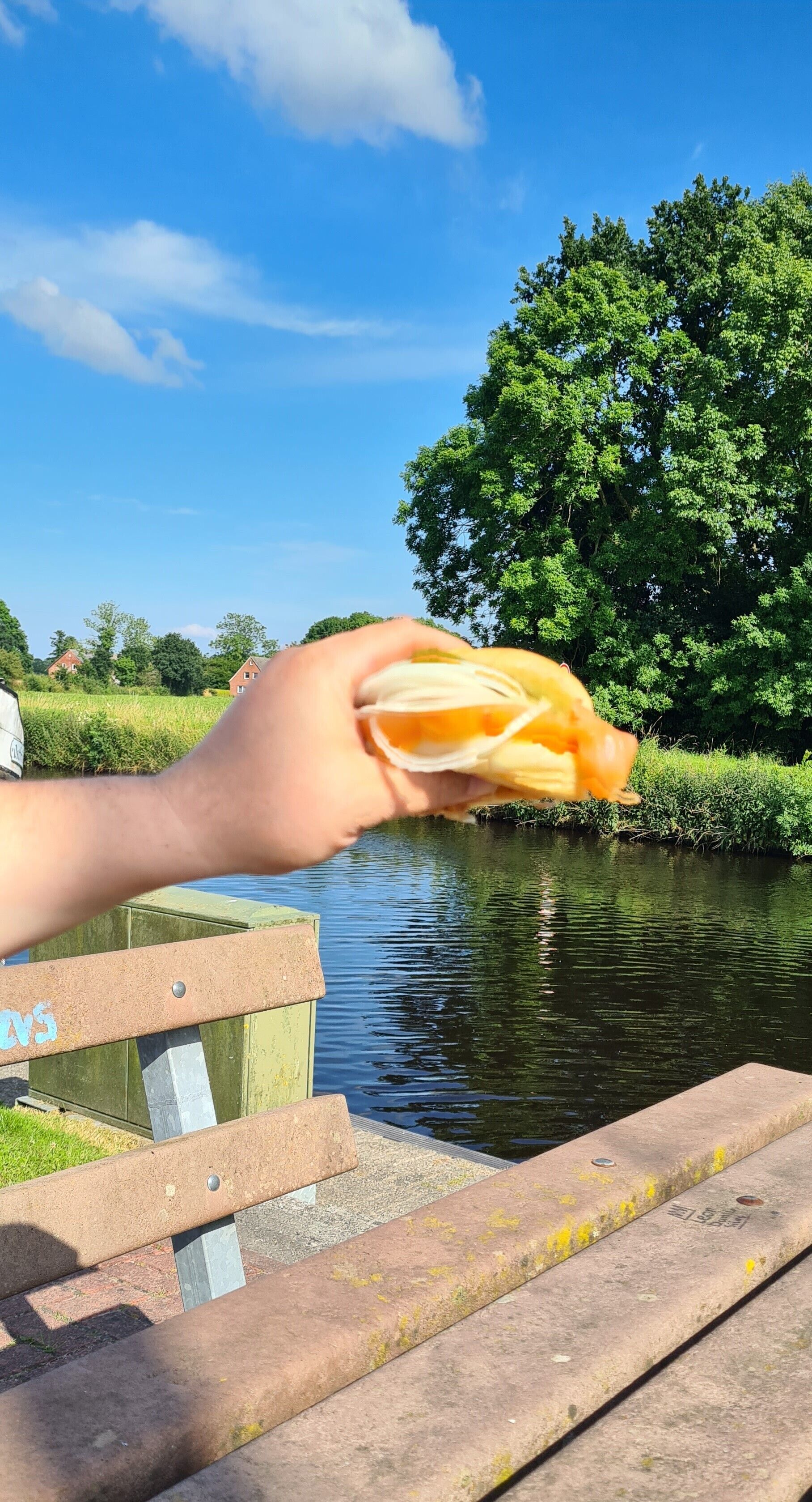 Una mano che tiene una baguette su una panchina lungo il fiume.