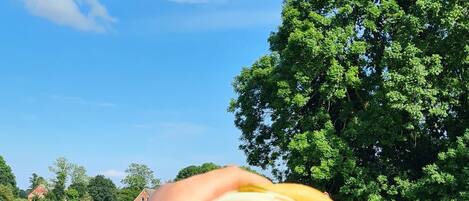 Una mano che tiene una baguette su una panchina lungo il fiume.