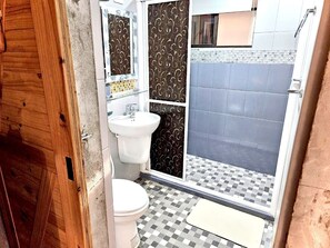 Une salle de bain avec des toilettes, un lavabo et une douche.