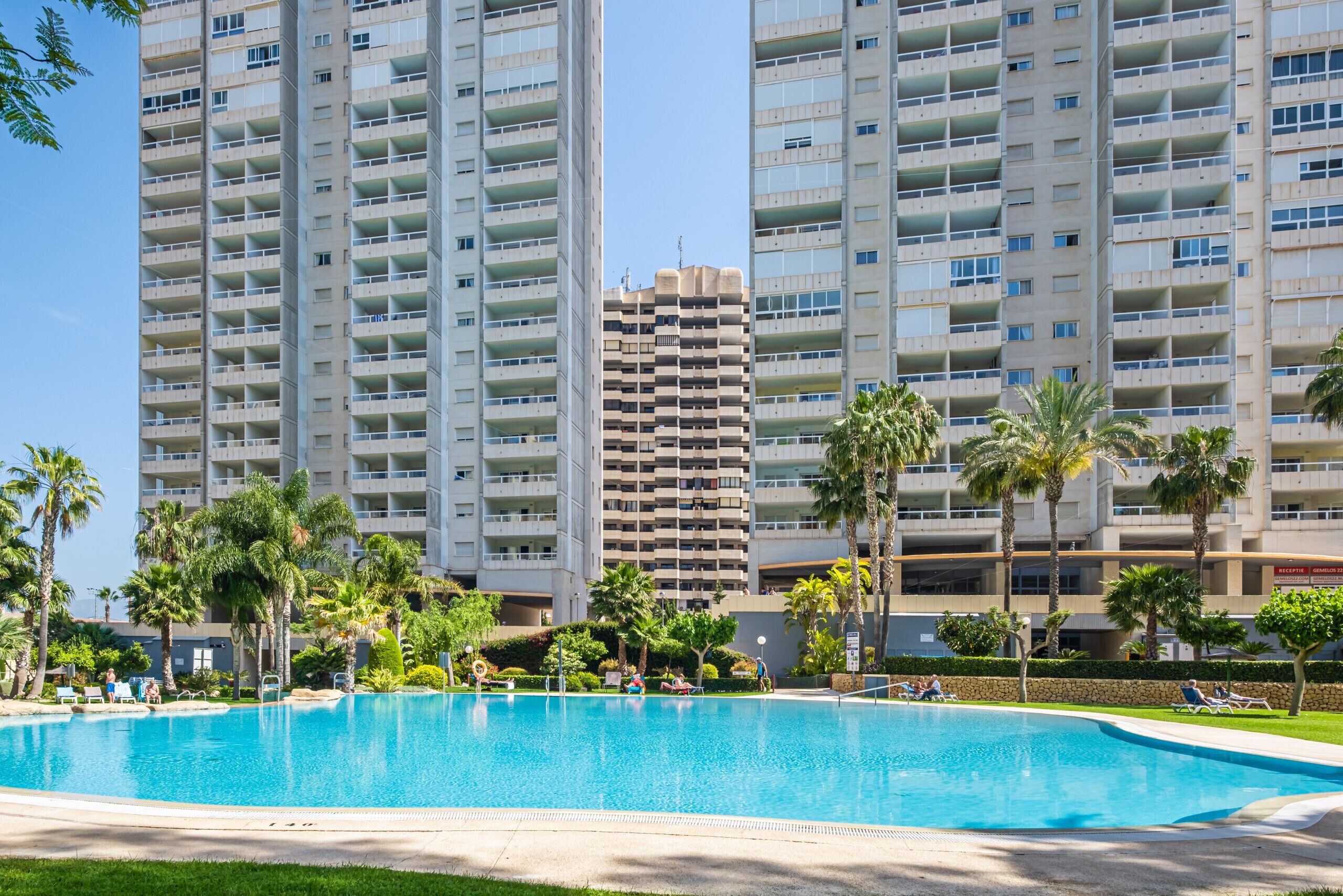A swimming pool surrounded by palm trees and tall residential buildings.