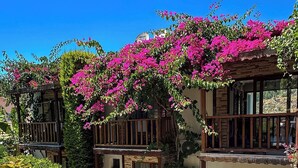 A two-story building with a balcony, a covered patio, and a garden with various plants. - Faralya Misafir Evi (Fethiye)