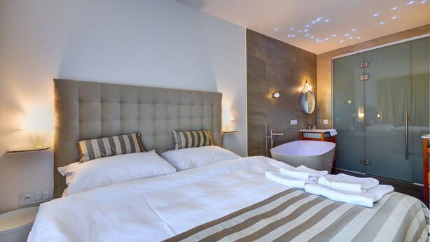 A hotel room with a large bed, a glass-enclosed shower, and a vanity with a mirror. - Hotel Chmelnice (Napajedla)