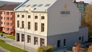 A hotel with a modern design, featuring a prominent logo on the side. - Hotel Chmelnice (Napajedla)