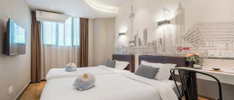 A hotel room with two beds, a flat-screen TV, an air conditioning unit, a cityscape mural, and a desk with a chair.
