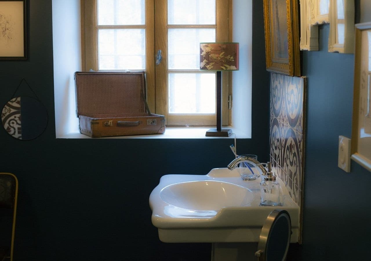 A bathroom with a white sink, a window with a view, and a vintage suitcase on the windowsill.