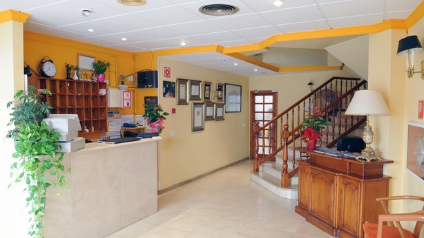 A reception area with a desk, a staircase, and a wall decorated with framed pictures and plants. - Hotel Plaça Vella (Sant Carles de la Rapita)