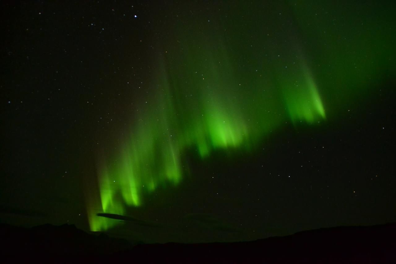 A night sky with green aurora borealis.