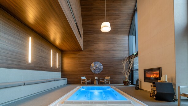 Una piscina interior moderna con techo de madera, zona de estar con sillones y chimenea.