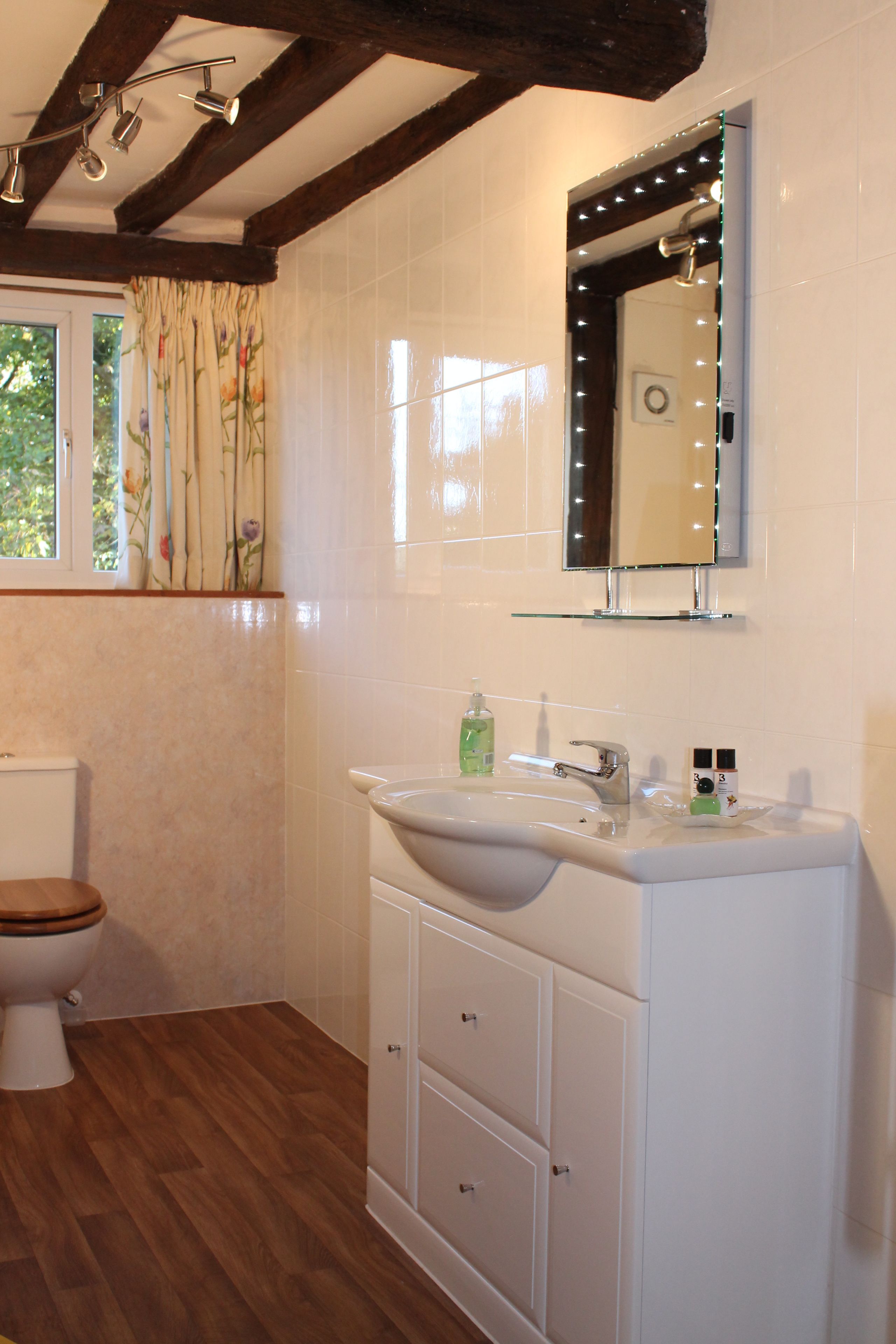 A bathroom with a toilet, a sink with a mirror, and wooden flooring.