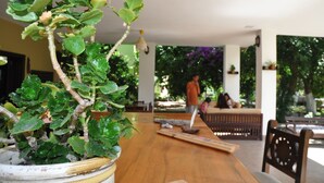 A potted plant on a wooden table in a room with a view of a garden and a person in the background. - San Simon Hotel (Kemer)