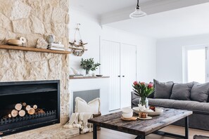 Smart TV, fireplace, books, music library