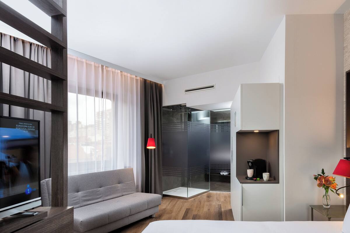 Moderni hotellihuone, jossa on harmaa sohva, televisio, suihkutila ja sänky.