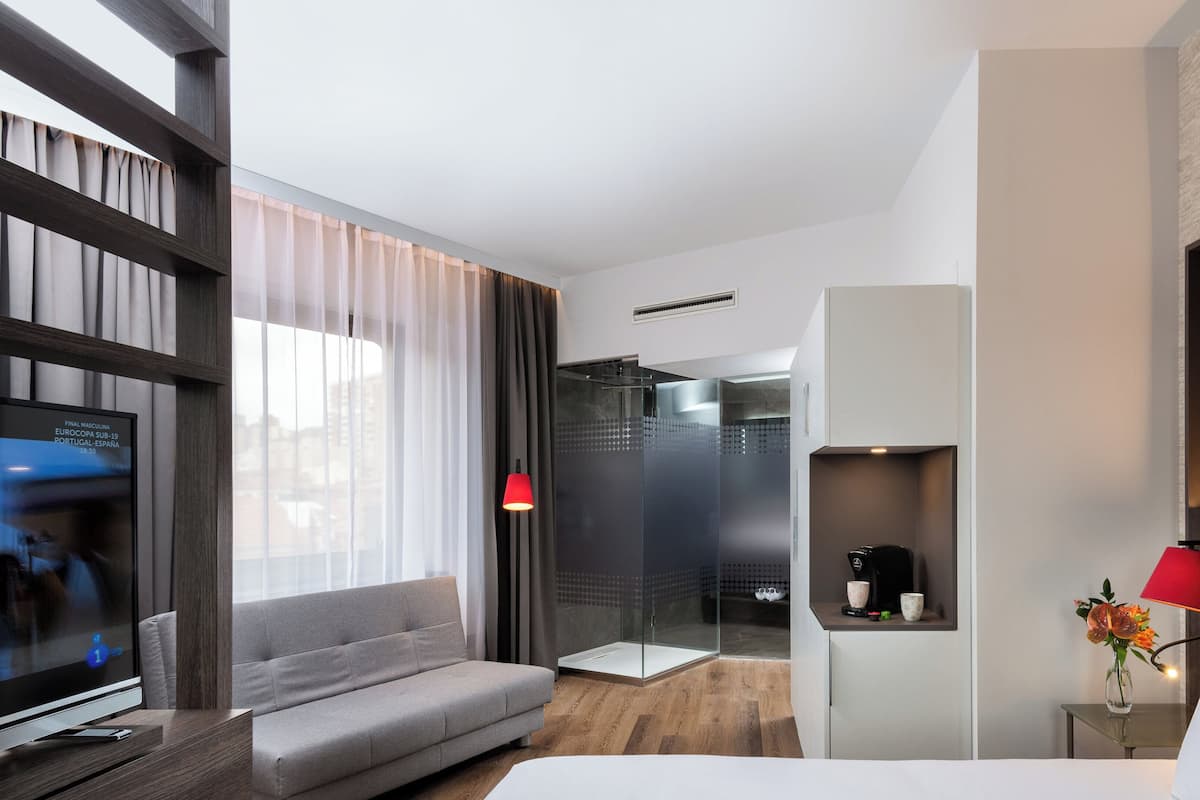 A modern hotel room with a grey sofa, a TV, a shower area, and a bed.