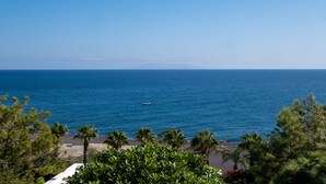 Blick auf die Küste mit Strand, Palmen und blauem Himmel.