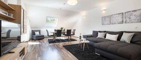 アパートメント テラス | リビングルーム | 50 インチのスマートテレビ (衛星放送視聴可)、Netflix、DVD プレーヤー