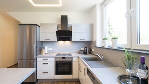 A modern kitchen with stainless steel appliances, a built-in oven, a dishwasher, and a window with plants. - Miralior Apartment (Mainz)