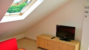Una habitació petita amb sostre inclinat, televisió sobre un moble de fusta, sofà vermell i un lucernari.