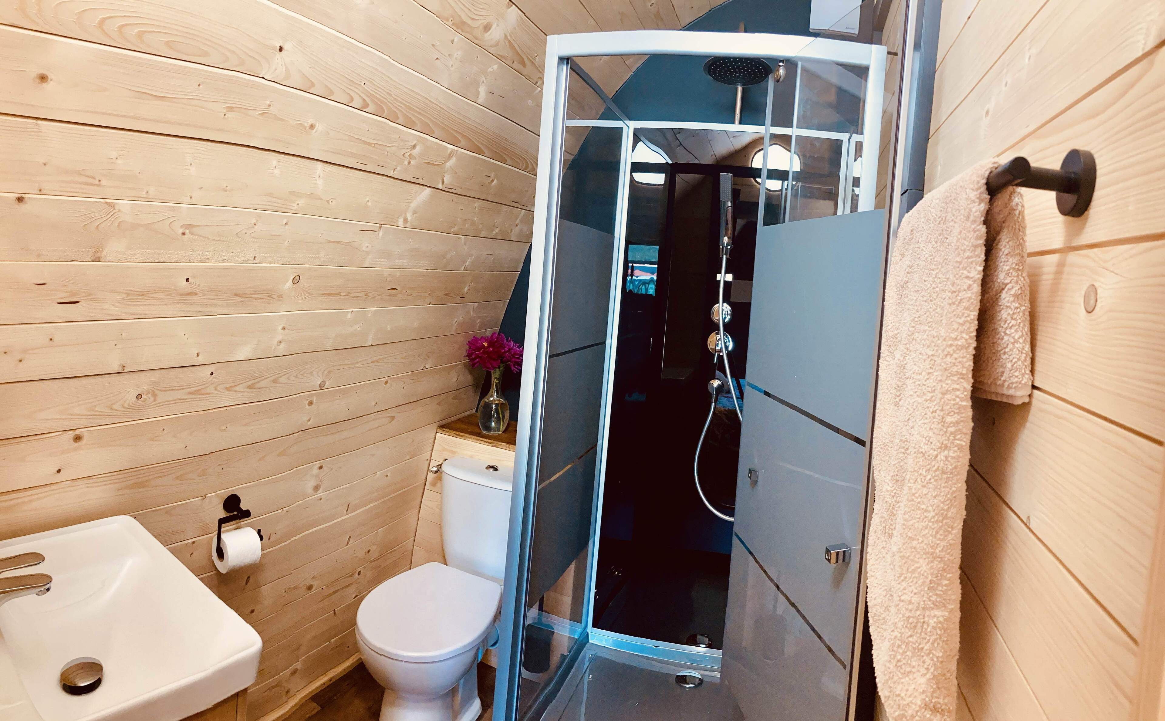 Een badkamer met houten lambrisering, een glazen douchecabine, toilet en wastafel.
