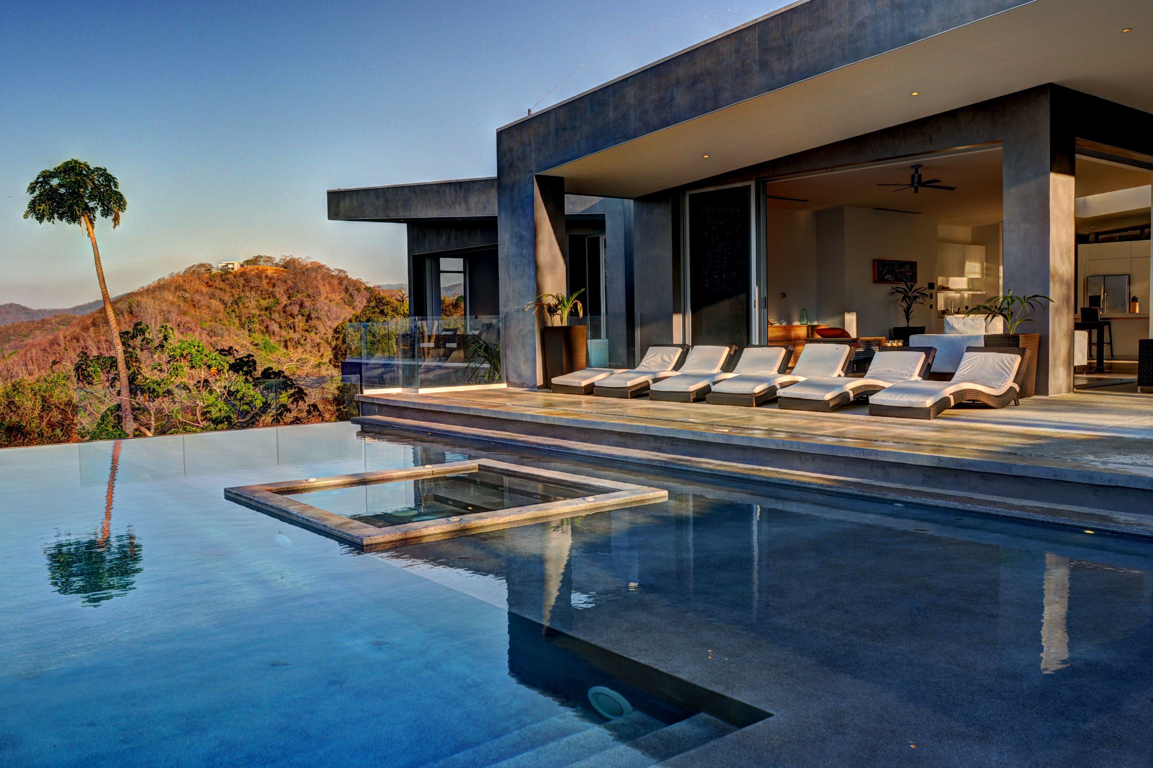 Outdoor pool, pool umbrellas, pool loungers