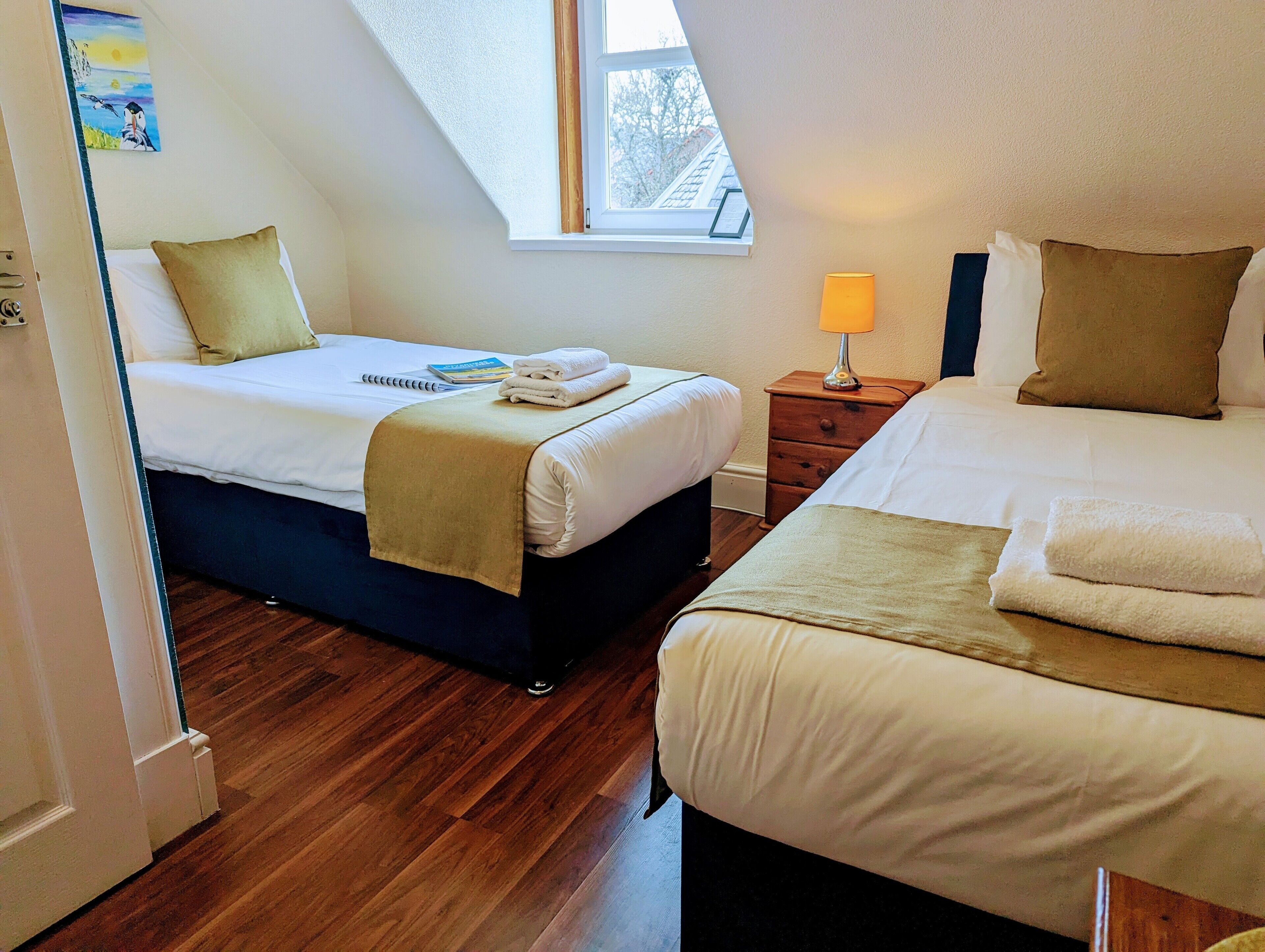 A bedroom with two beds, a skylight, a bedside table with a lamp, and a painting on the wall.