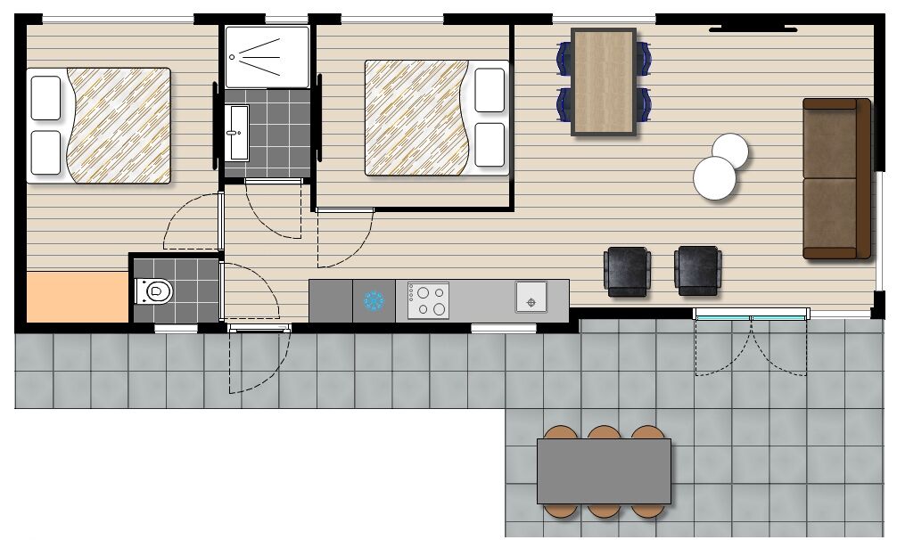 A hotel room layout with two bedrooms, a bathroom, a kitchen, and a dining area.