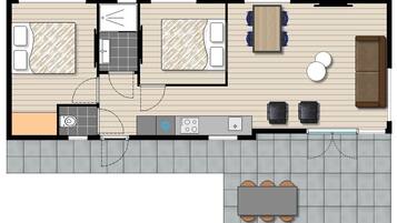 A hotel room layout with two bedrooms, a bathroom, a kitchen, and a dining area.