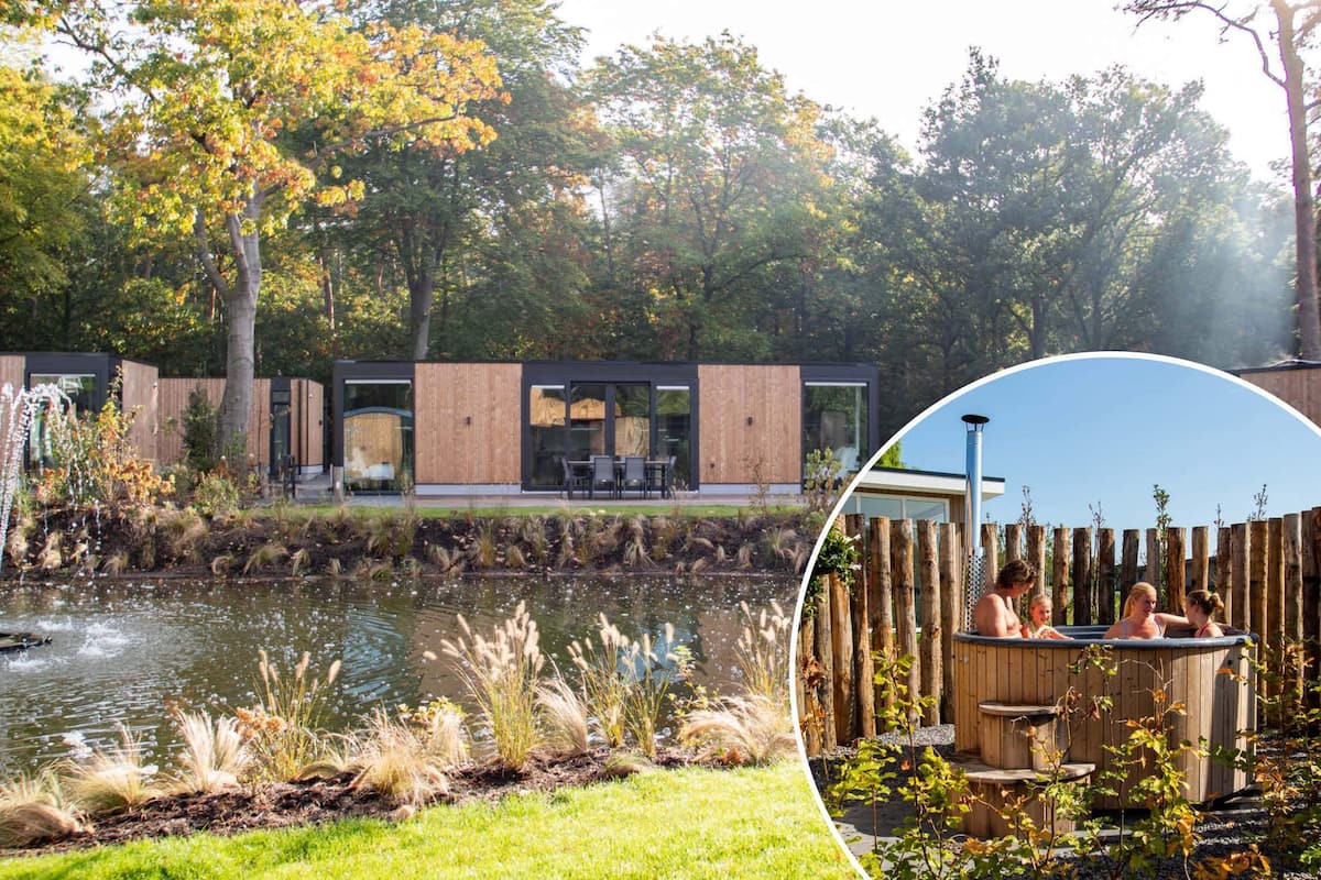 Un espace extérieur moderne comprenant un bassin, une terrasse en bois et un jacuzzi.