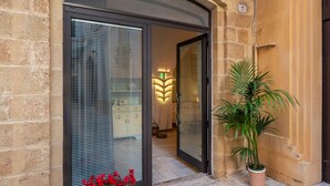 Entrada de un edificio de piedra con puerta de cristal, planta en maceta y flores rojas.