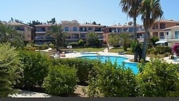 Un hôtel doté d’une piscine entourée de verdure et de palmiers.