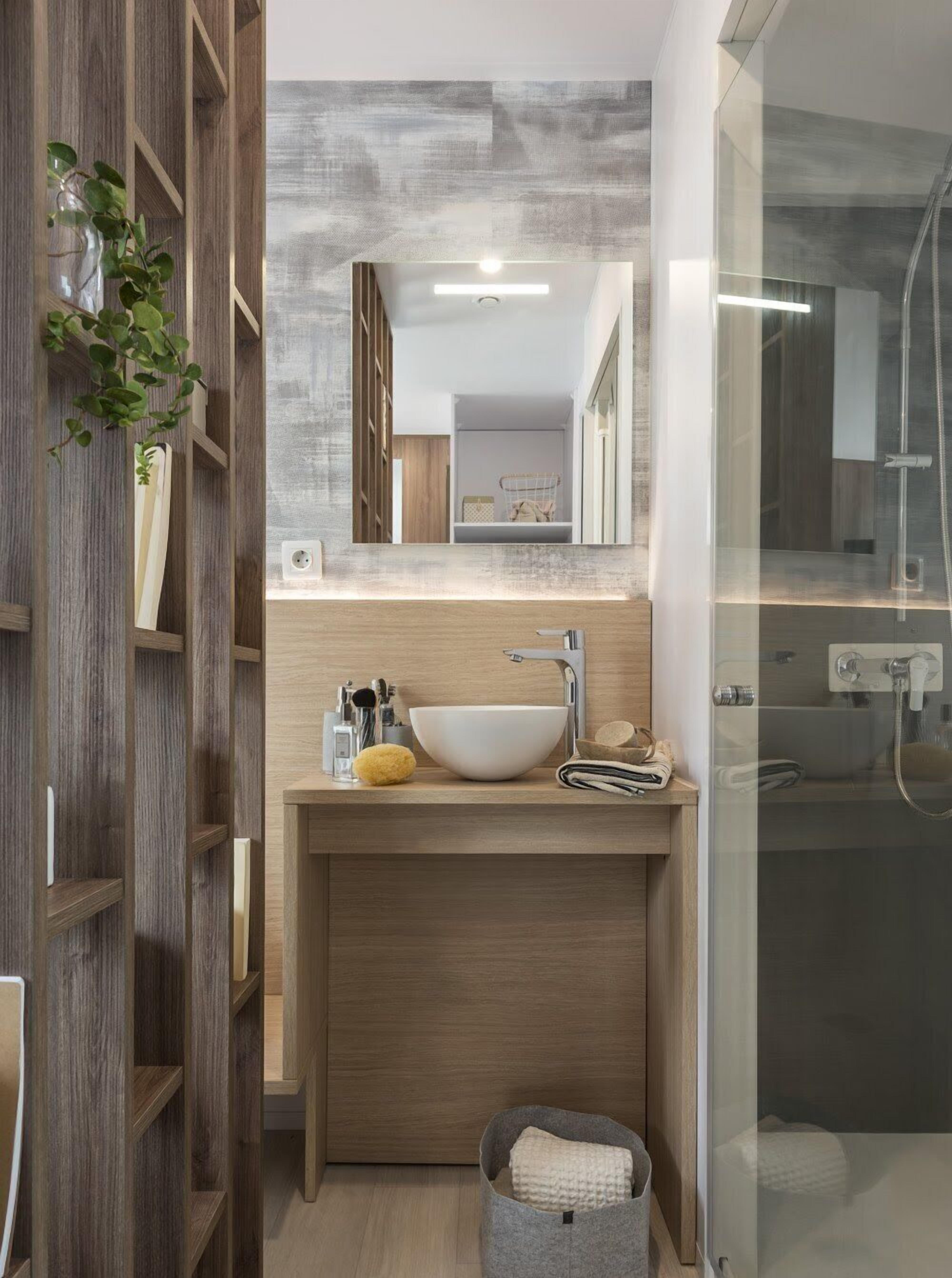 Casa móvil Deluxe, 2 habitaciones, terraza | Baño | Ducha y cabezal de ducha tipo lluvia