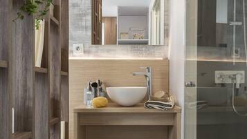 Casa móvil Deluxe, 2 habitaciones, terraza | Baño | Ducha y cabezal de ducha tipo lluvia