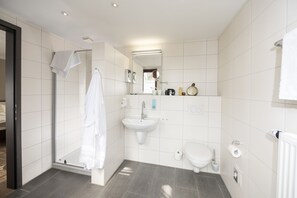 Shower, free toiletries, hair dryer, towels